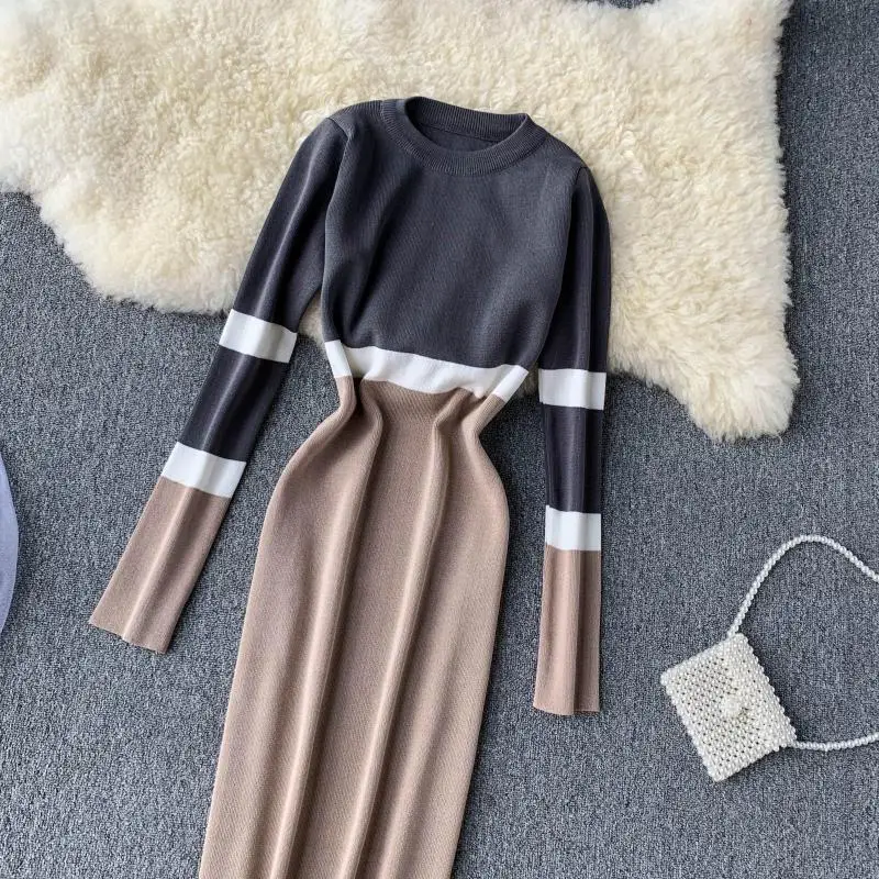 ALPHALMODA осенне-зимнее женское трикотажное платье хит цвета новое ретро с высокой талией цветное с длинным рукавом тонкое трикотажное цельное платье