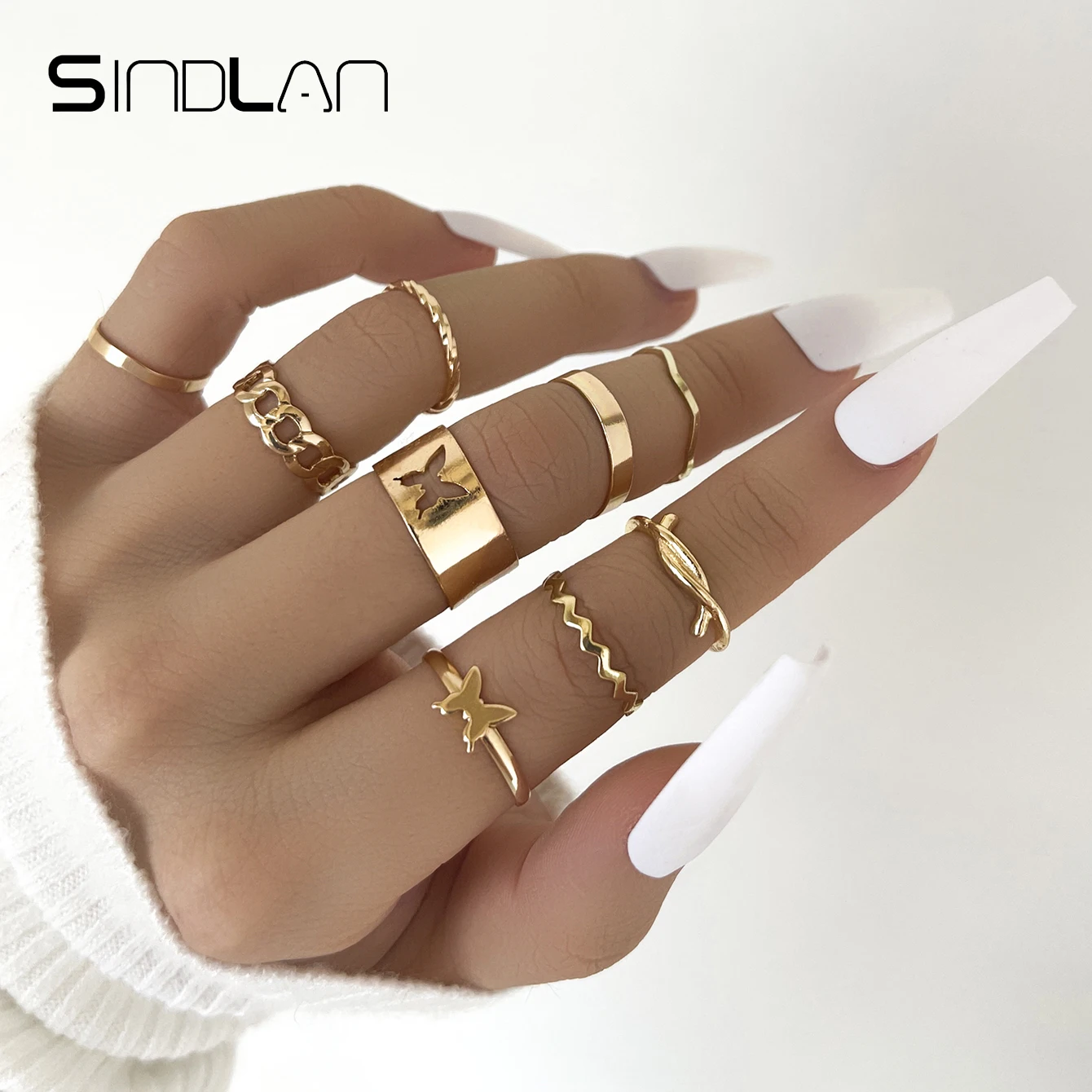 

Sindlan 9Pcs Vintage Butterfly Gold Color Matching Rings for Women Kpop Cute Geometric Set Female Y2k Fashion Jewelry Anillos