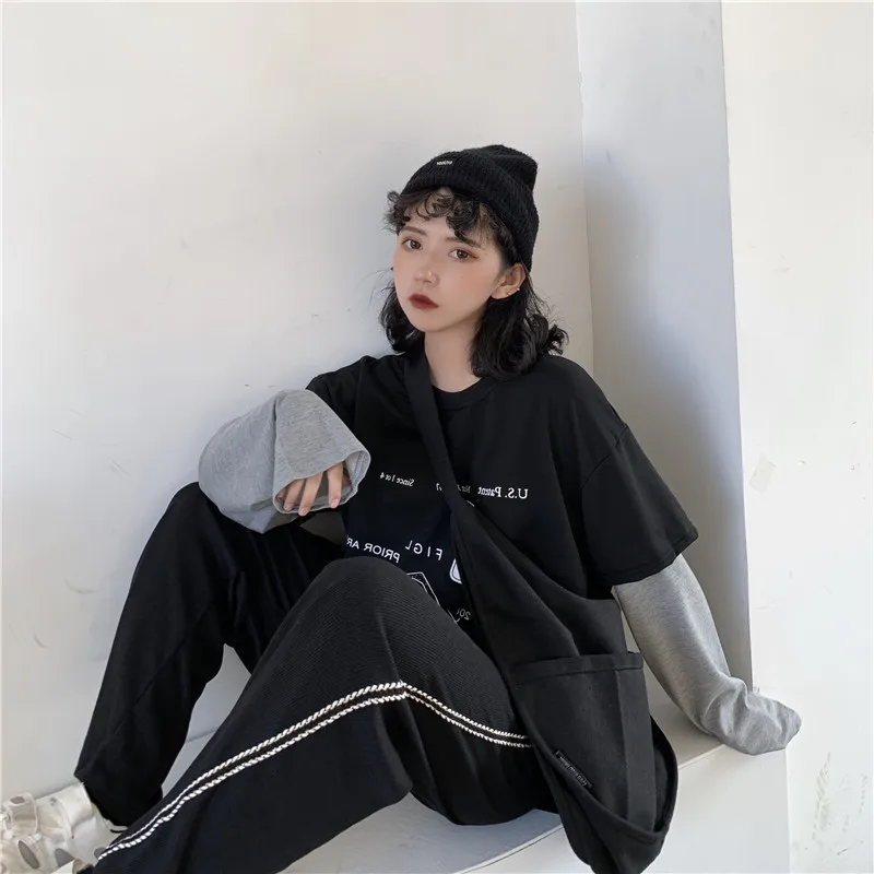 

Women T-shirt tees tops Fake two korean streetwear harajuku shirt Oversize vintage autumn punk casual long sleeve kawaii clothes
