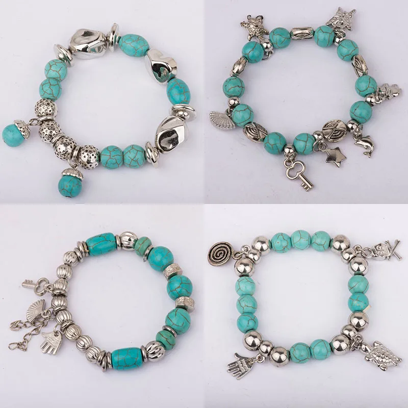 

Bohemia Bracelet For Women Blue Stone Stretch Bangle Animal Flower Charm Fashion Jewelry Vintage Antique Tibetan Silver Color