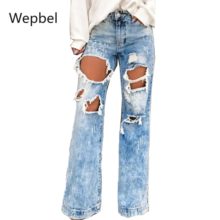 Джинсы WEPBEL женские с дырками рваные джинсы завышенной талией модные брюки из