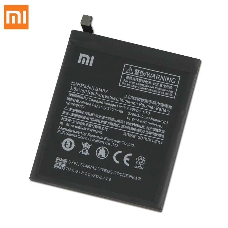 Оригинальная замена Батарея для Xiaomi Mi 5S плюс 5splus BM37 Натуральная кожа телефон Батарея 3800 ма-ч