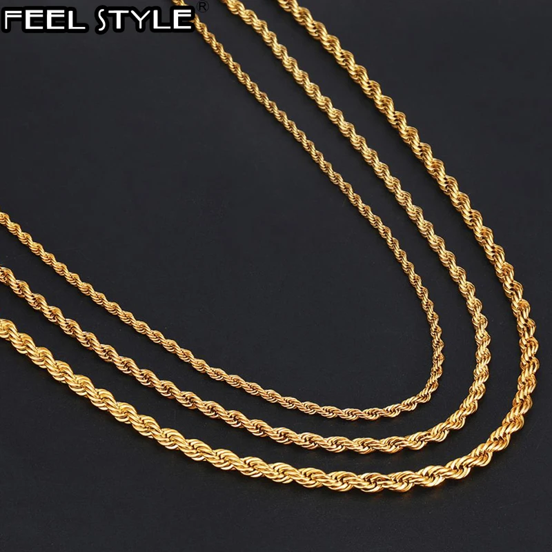 Хип хоп ширина 3 мм/4 мм/5 мм веревочная Цепочка Золото 316L Нержавеющая сталь