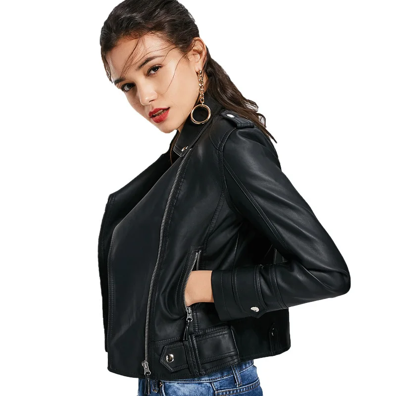 Осенняя Женская байкерская куртка тонкое панк кожаное пальто черная розовая