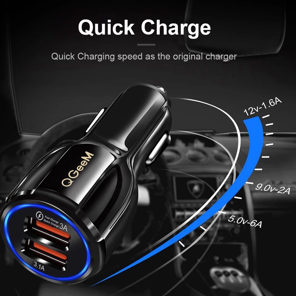 Автомобильное зарядное устройство QGEEM Dual USB QC 3,0, быстрая зарядка 3,0, автомобильное зарядное устройство, 2 порта, USB портативное зарядное устройство для iPhone Xiaomi