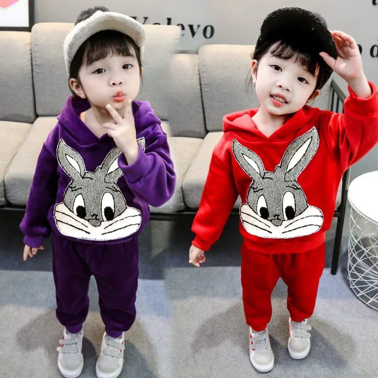 

Children's Coral Fleece Pajamas Autumn And Winter Thick Cardigan Flannel Boy Girl Cartoon Rabbit Top + Pants 2Pcs Set Hooded