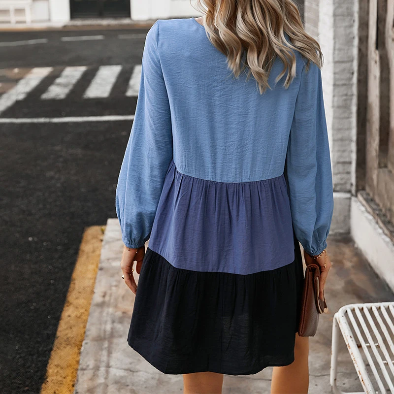 

Fashion Patchwork Long Sleeves Summer Beach Dress Spring Indie O Neck Solid Color Dress Casaul Pullover Irregular Party Dresses