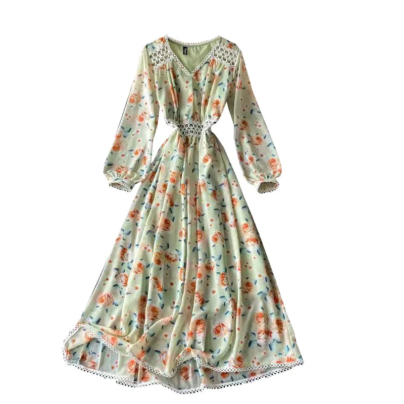

Spring Autumn New Korean Temperament Retro Floral Chiffon Dress V-neck Lantern Sleeve Waist Hollow Thin Long Dress UK929