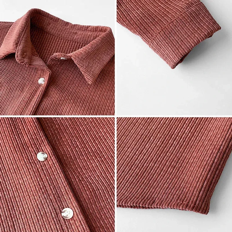 

Autumn New Vintage Corduroy Solid Women Shirts Long Sleeve Turn-Down Classic Tops Fashion Large Size Button Loose Female Blouses