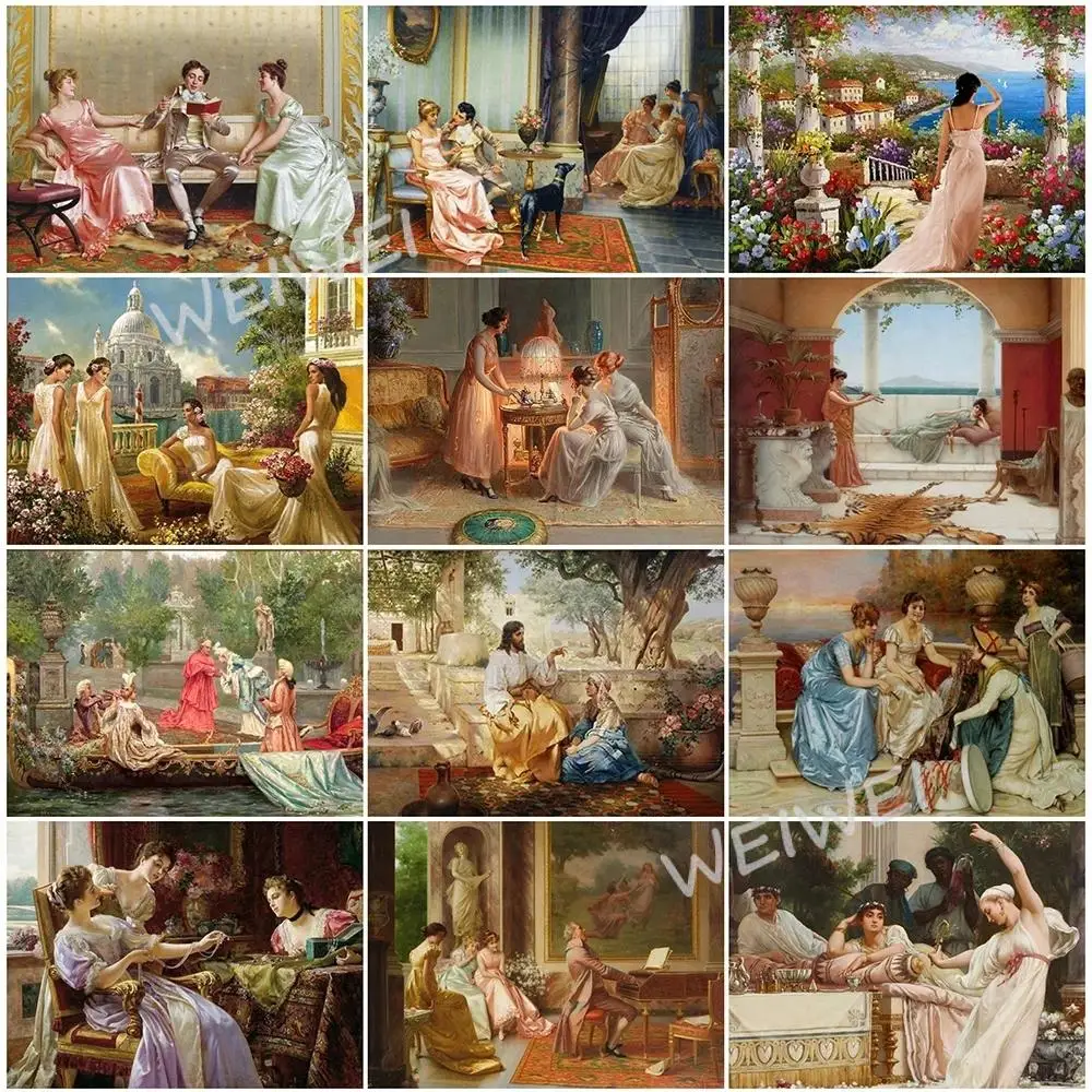 

New Diy 5D Diamond Embroidery Full Square Round Drill Vintage Court Noble Women Landscape Cross Stitch Diamond Painting Gift