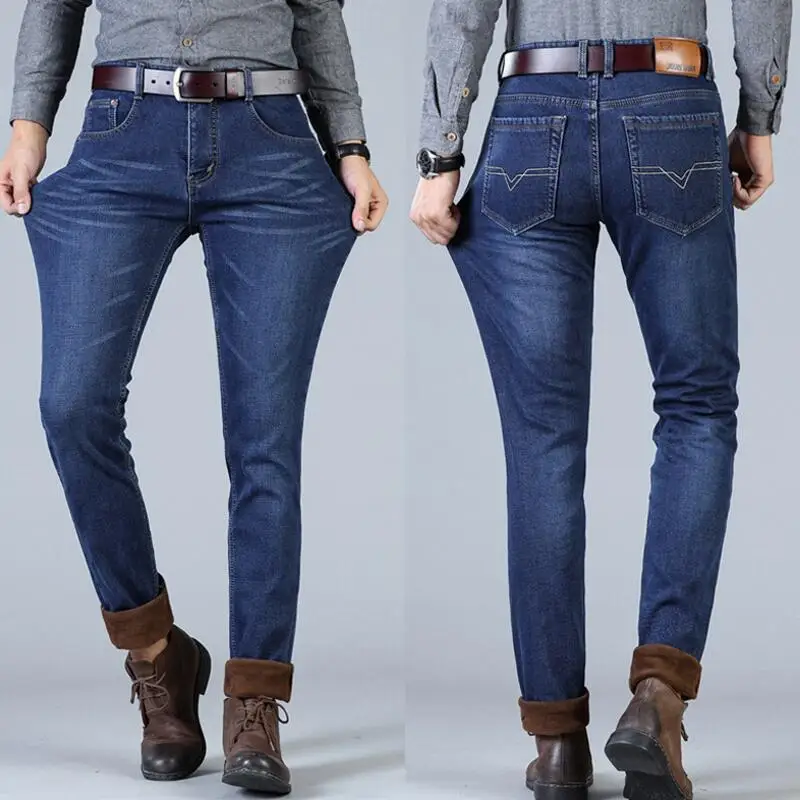 Мужские черные флисовые утолщенные теплые длинные джинсы новые мужские