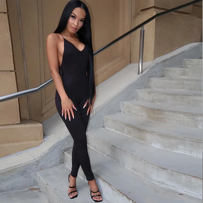 

Fashion Backless Skinny V-Neck Solid Women's Jumpsuits Fashion Sexy Sporty Fitness Jumpsuit for Women Workout Bodycon Jumpsuits