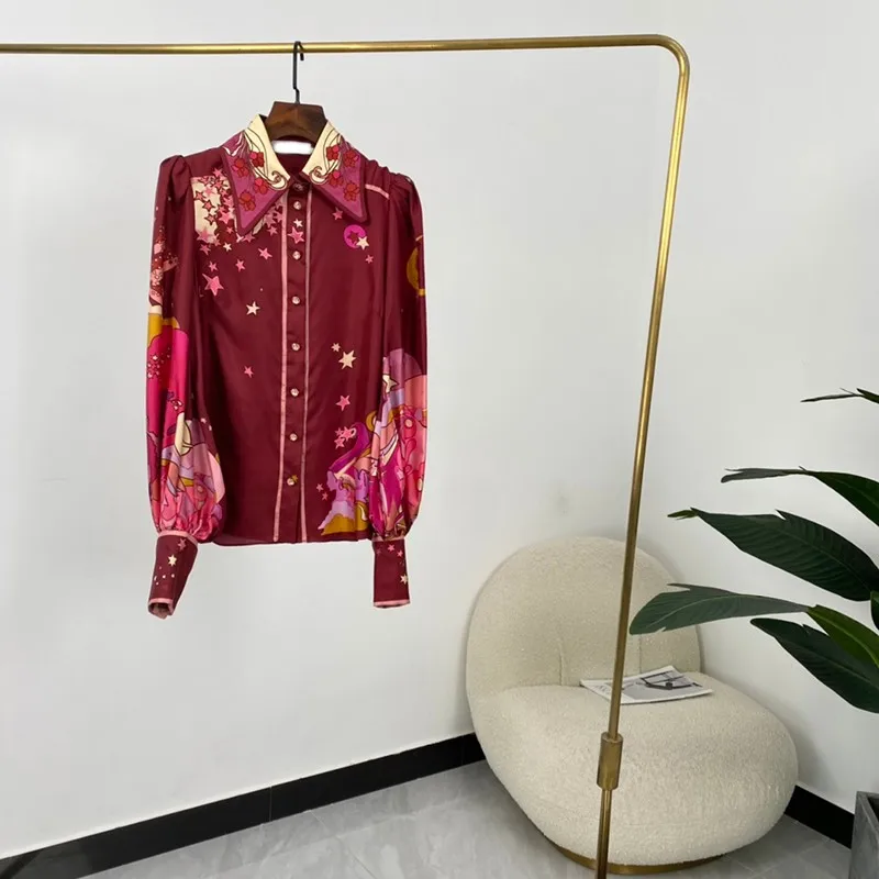 

High Quality Silk New Autumn Women Fashion Red Flower Start Print Turn-down Collar Long Sleeves Blouses 2021