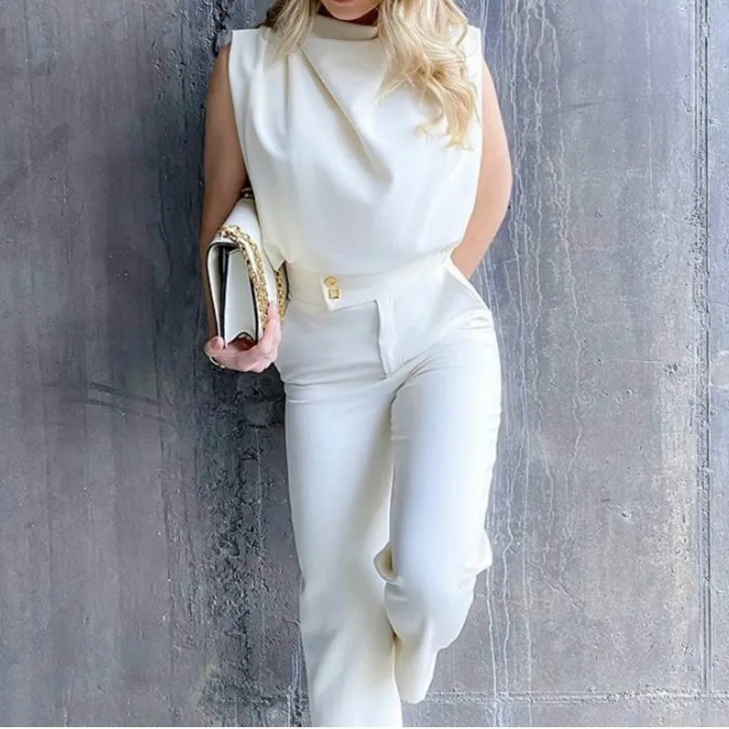 

S-L New Summer Women Tops Pleated Sleeveless Tank Top Pullover Female Fashion High Neck Casual Solid All-macth Vest T- Shirts