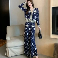 2021 autumn winter knitted 2 piece set women v neck long sleeve sweater cardigan coatwide leg pant vintage tracksuits suits