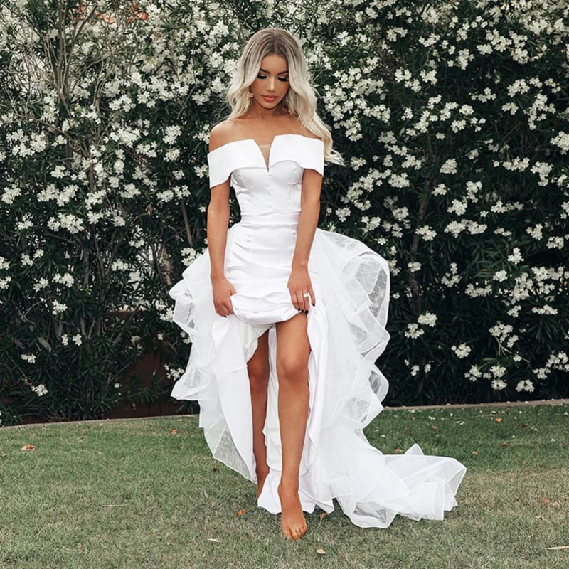 Женское платье с открытыми плечами элегантное белое длинное Сетчатое в стиле