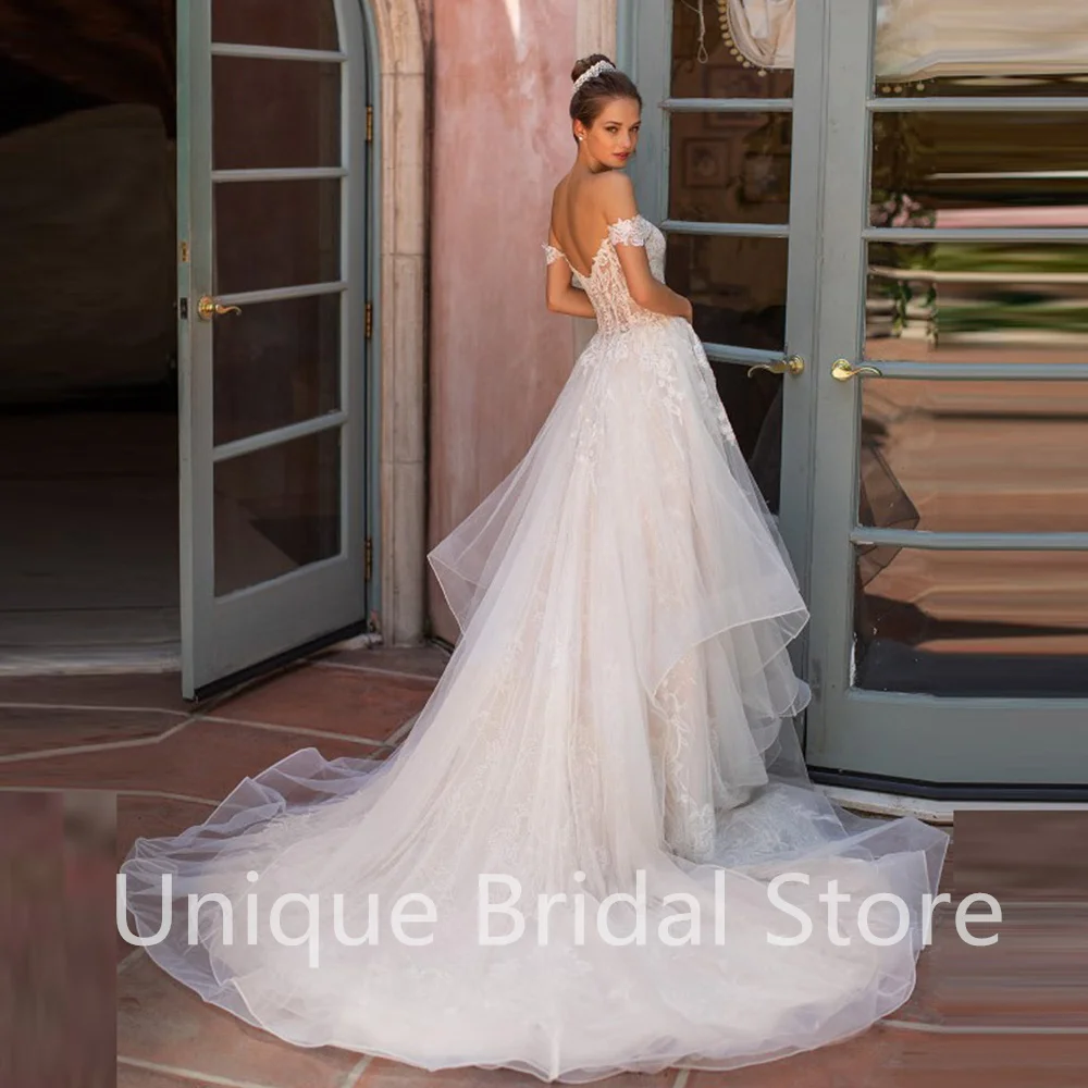 

Elegant Lace Wedding Dress A-Line Off Shoulder Short Sleve Backless Appliques Court Train Bridal Gowns 2021 Vestidos De Noivas