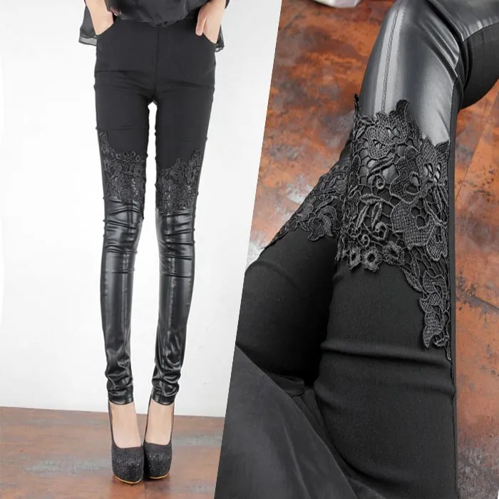 Autumn Winter Women Slim Pu Leather Pants Female Patchwork Lace Leggings Fashion Sexy Pencil Trousers | Женская одежда