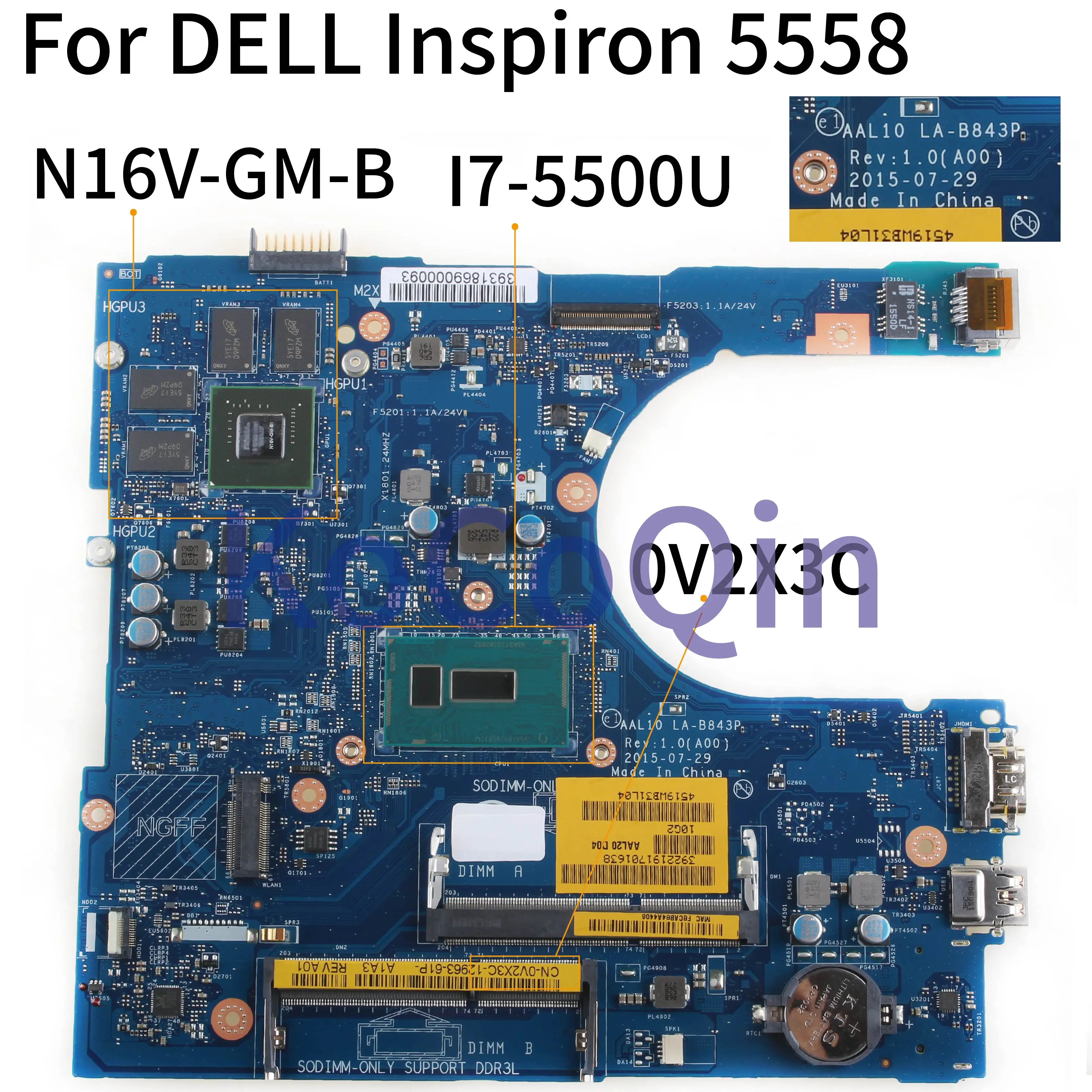 KoCoQin материнская плата для ноутбука DELL Inspiron 5458 5558 5758 I7 5500U SR23W N16V GM B1 CN 0V2X3C AAL10 LA
