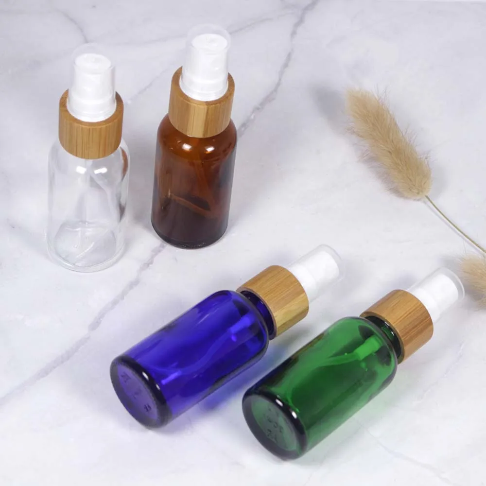 10ml 30ml 50ml Clear Glass Spray Bottle Cosmetic Flower Water Pure Dew Container with Wood Grain Bamboo Pump