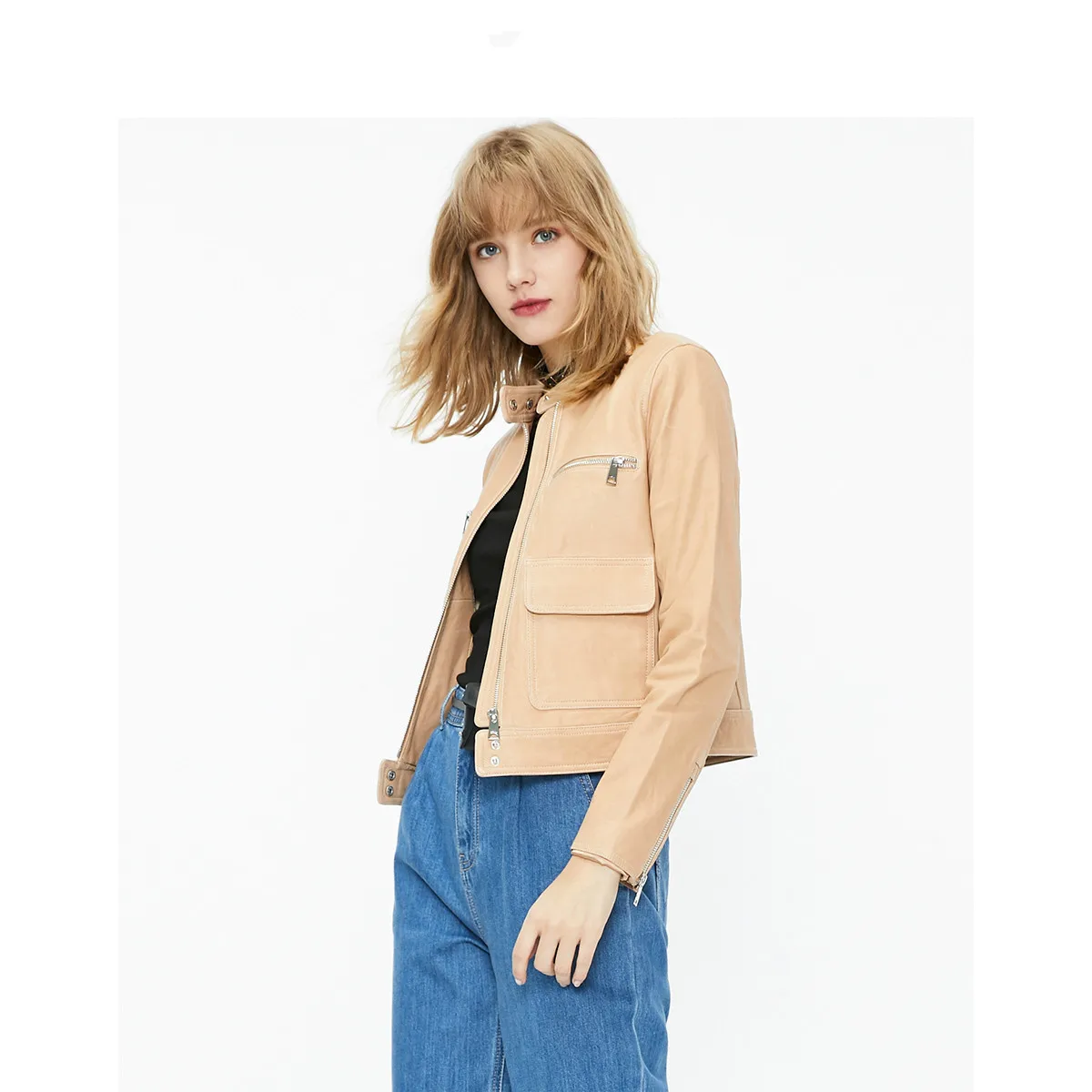 

Women Real Spring Autumn 200% Sheepskin Short Biker Leather Jacket O-neck Cuero Genuino 222420664 Pph497