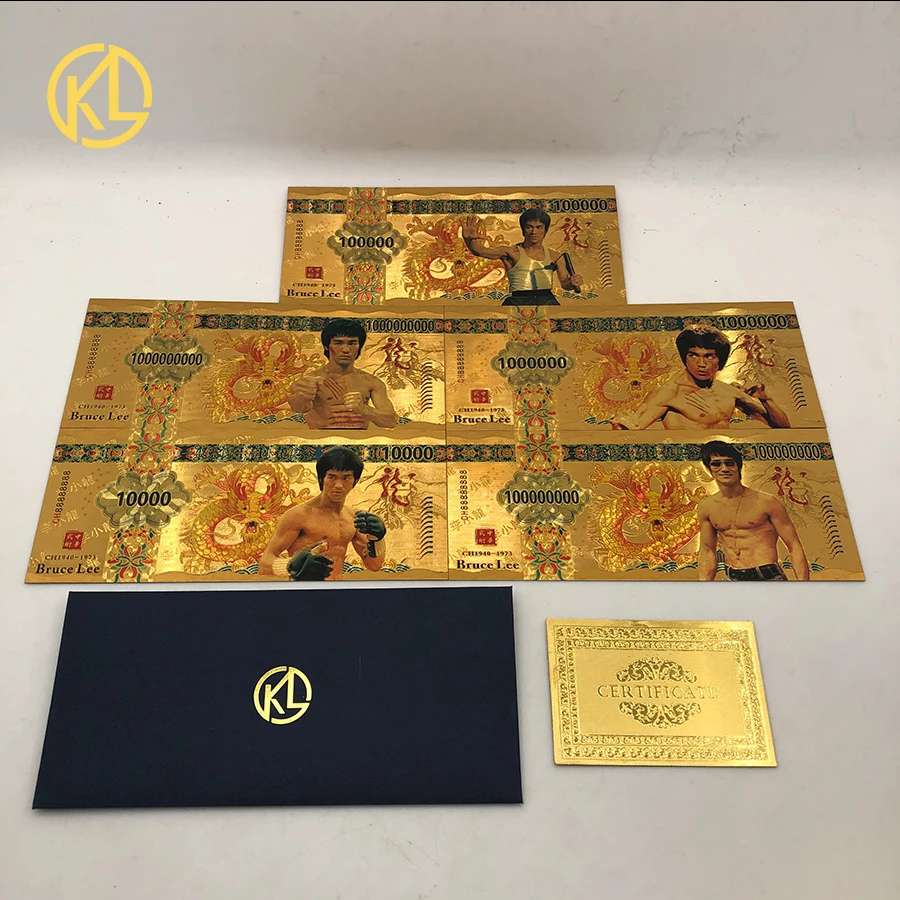 

5pcs/lot gold Colored Plated Banknote Bruce Lee 10000 dragon Banknotes set for Collection gift