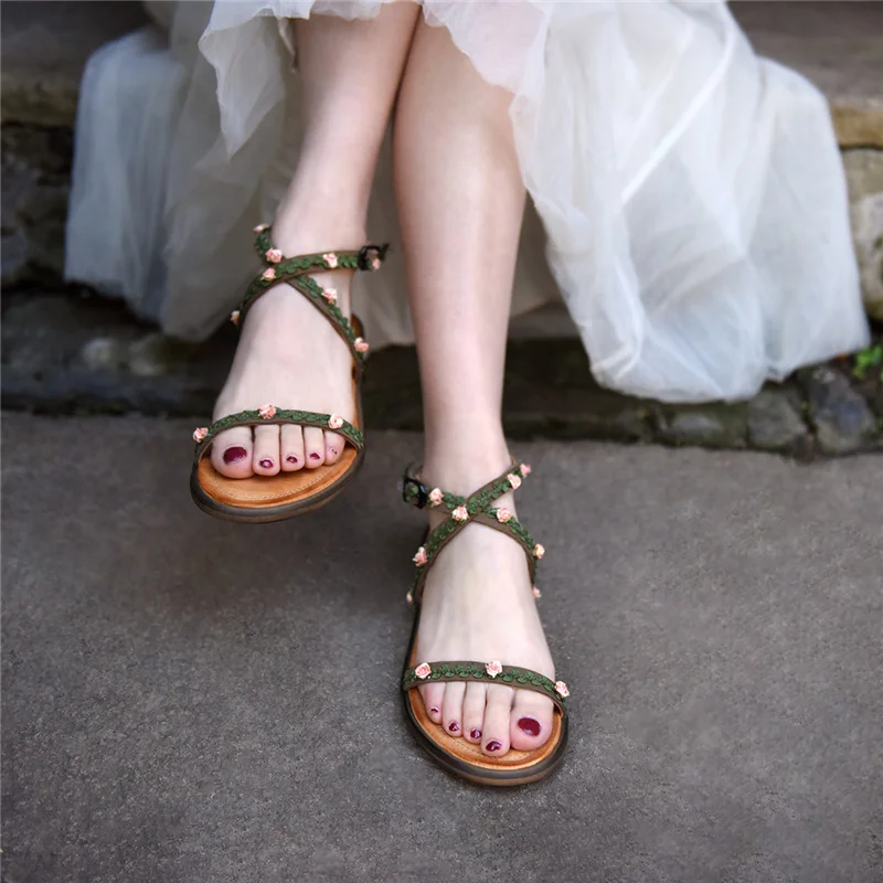 

Artmu Original Bohemian Sandals Women's Flat Bottom Flower Beach Shoes Genuine Leather Handmade Sandals 20118-11