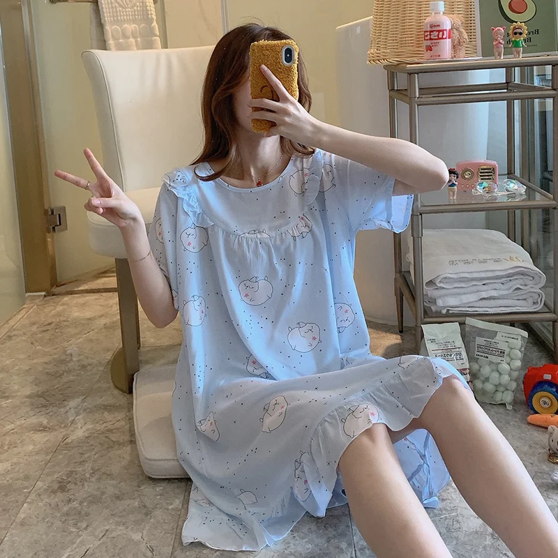 

Nightgowns Women Ruffles Printed Round Neck Short Sleeve Summer Thin New Female Nightdress Homewear Baggy Soft Breathable Trendy