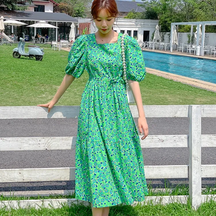

Korean Green Flowers Square Collar Puff Sleeve Chic Dress Ladies Vestidos 2021 Summer Elegant Casual Vacation Dresses Female