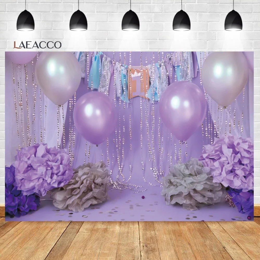 

Laeacco Baby Newborn Birthday Backgrounds Purple Curtain Balloon Scene Decor Customized Photo Background Photography Backdrop