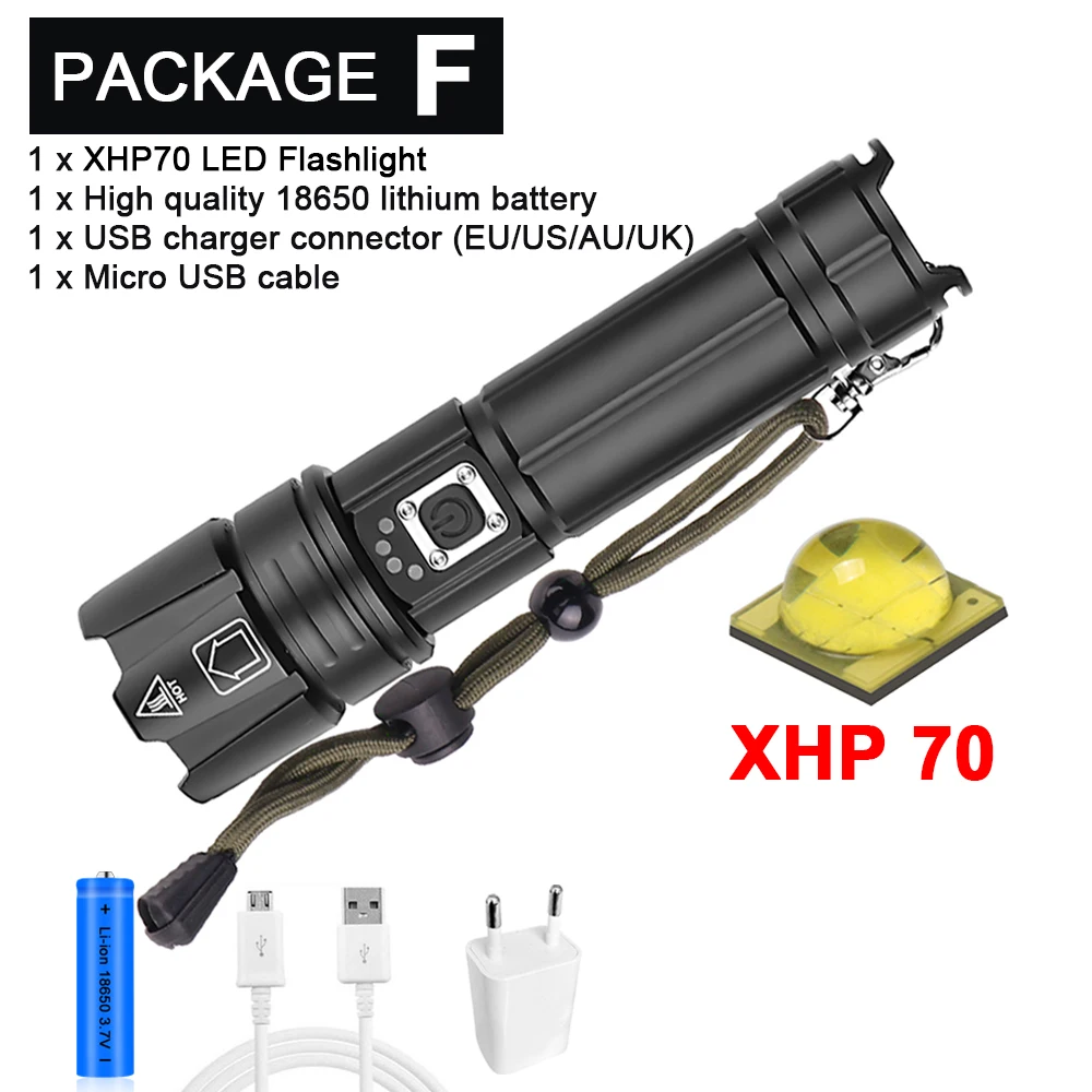 Портативный Ультра высокая яркость XHP70 светодиодный светильник 18650 XHP50 флэш-светильник USB Перезаряжаемый Тактический светильник 26650 фонарь с зумом - Испускаемый цвет: Package F- XHP70