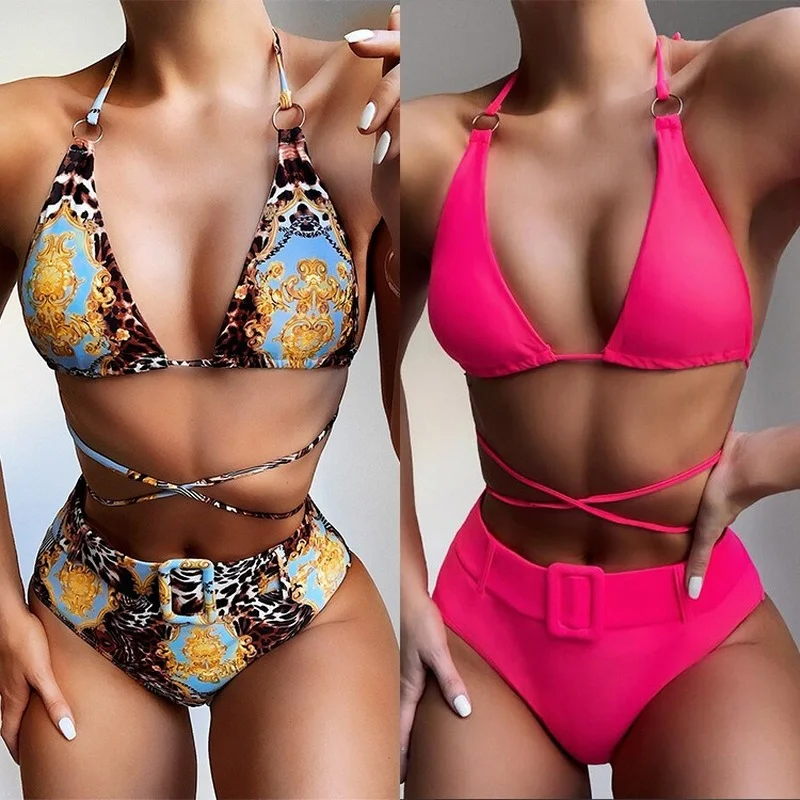 

Женская леопардовая пляжная одежда из двух предметов, новинка 2021, комплект бикини пуш-ап, купальник с лямкой на шее, купальник с перекрестны...