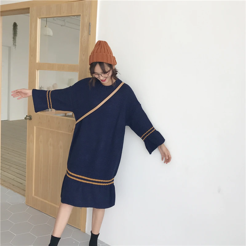 KINOMI Autumn Winter Long Dresses Warm Women Sweater Dress Knitting Loose Sleeve O-Neck Mermaid 2019 New | Женская одежда