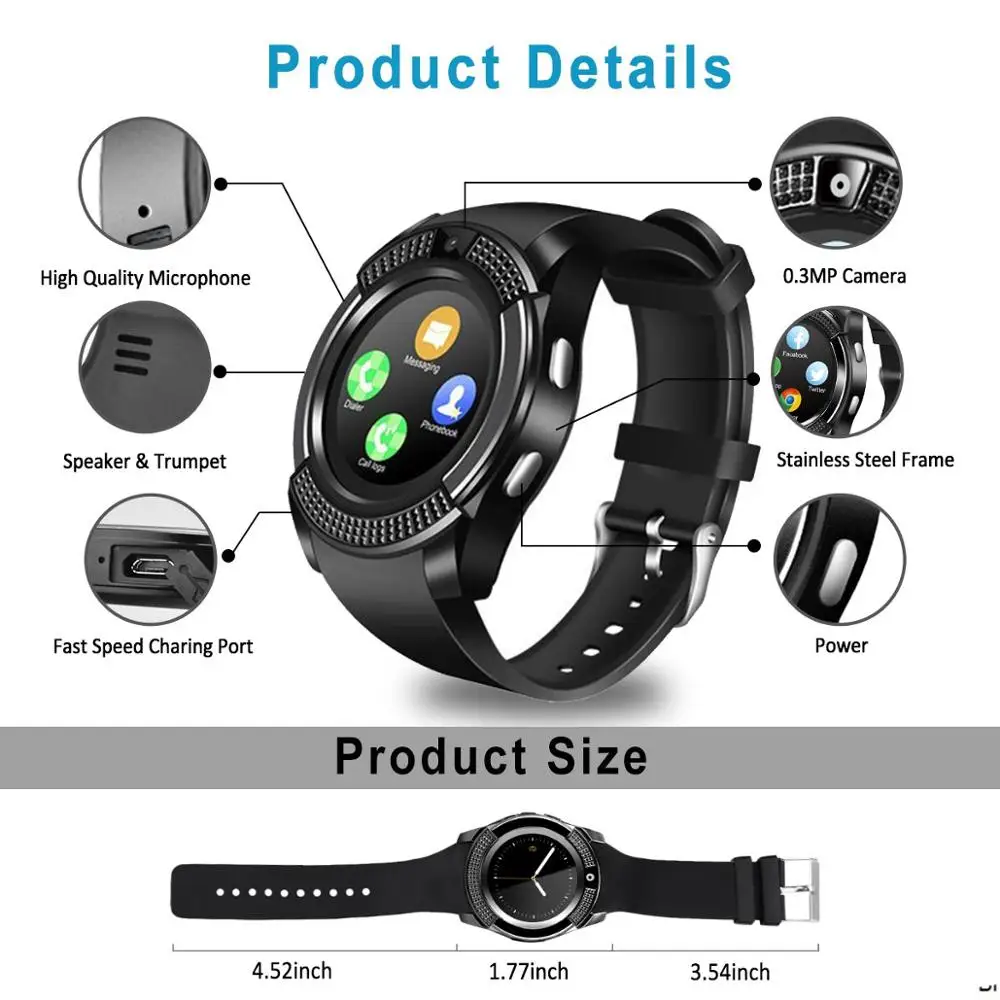 Умные часы Bluetooth Сенсорный экран Sweatproof телефон с камерой TF/sim-карты слот для Android и iPhone смартфонов(черный