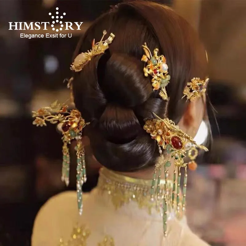 

HIMSTORY Retro Chinese Bridal Headdress Dress Accessories Pin Suit Ancient Costume Golden Headband Wedding Hanfu Hair Jewelries