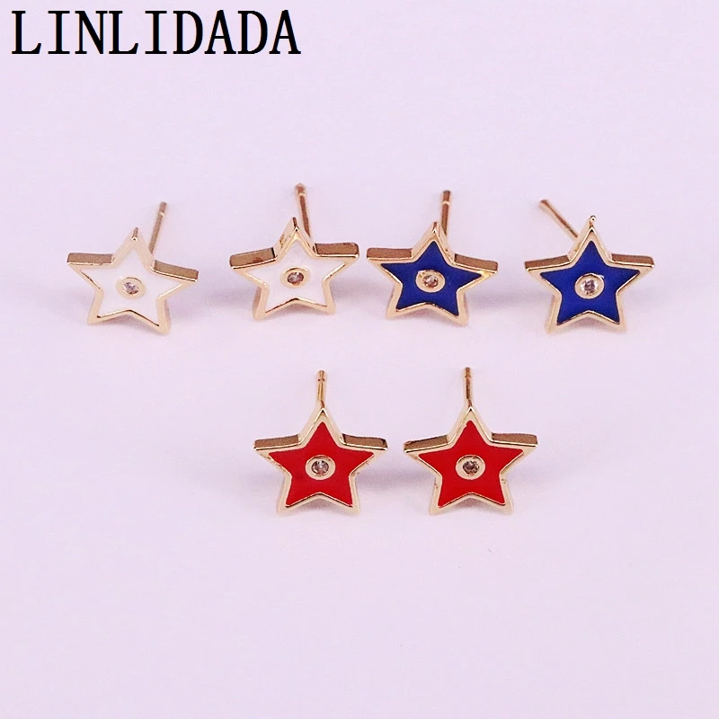 10Pair enamel Star Stud Earrings For Women with Clear CZ Earrings white red blue Jewelry cute Gift