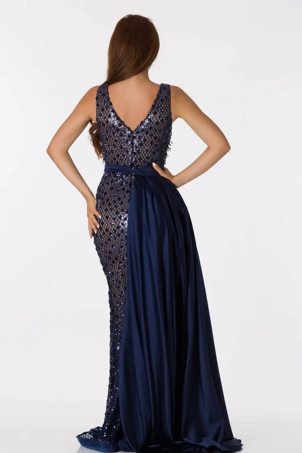 

Thick Strapped Beaded Navy Blue Engagement Dress