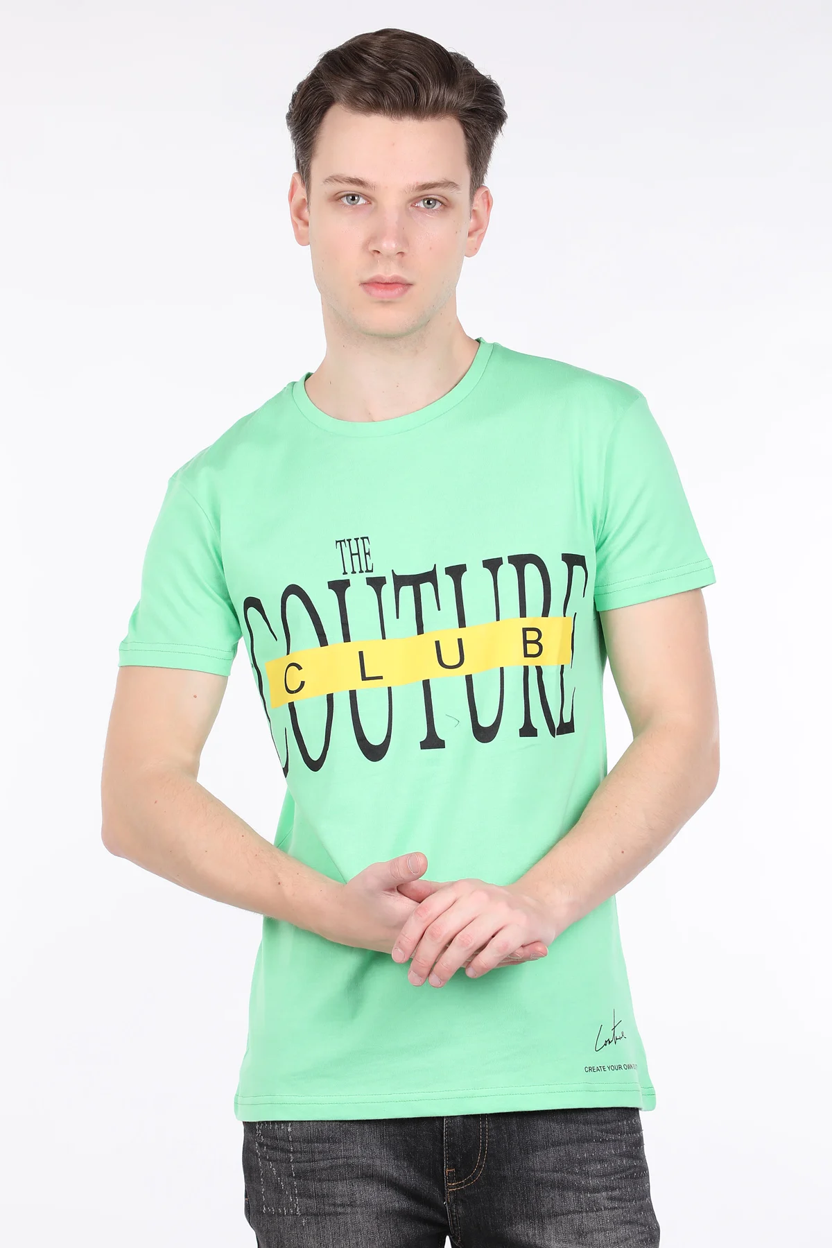 

Men Neon Green Couture Printed Bicycle Neck T-shirt