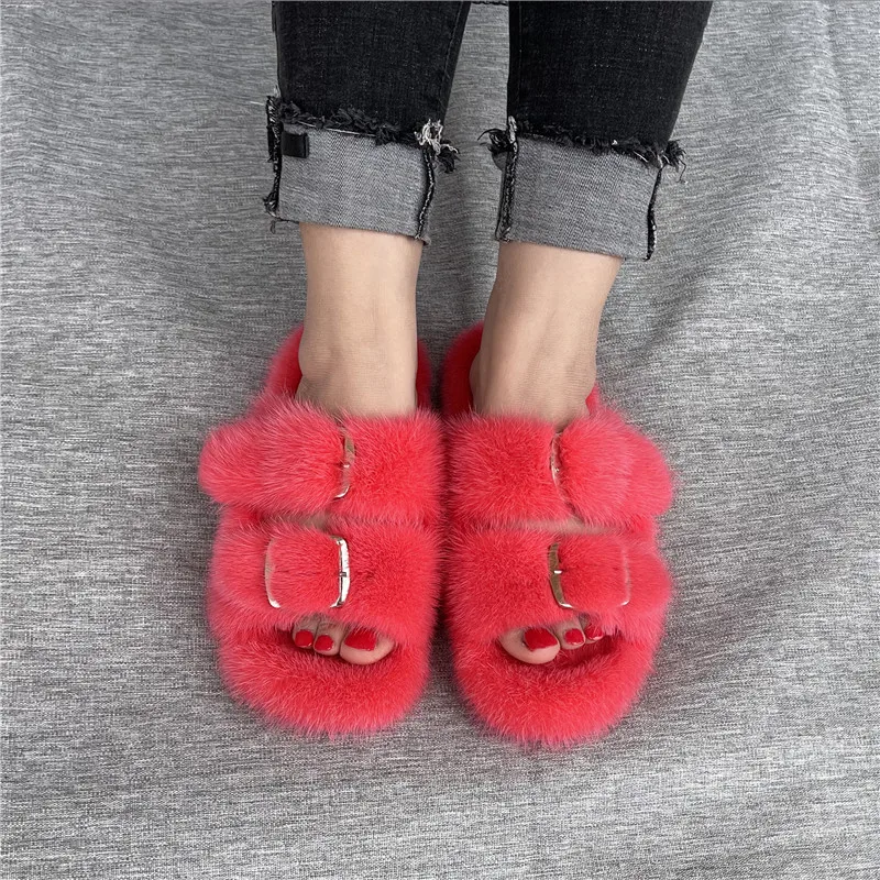 Fur Women's Slippers In Winter 2021 100% Real Mink Sandals Flat Bottomed Home Plush European Luxury Resort Fashion Casual Shoes
