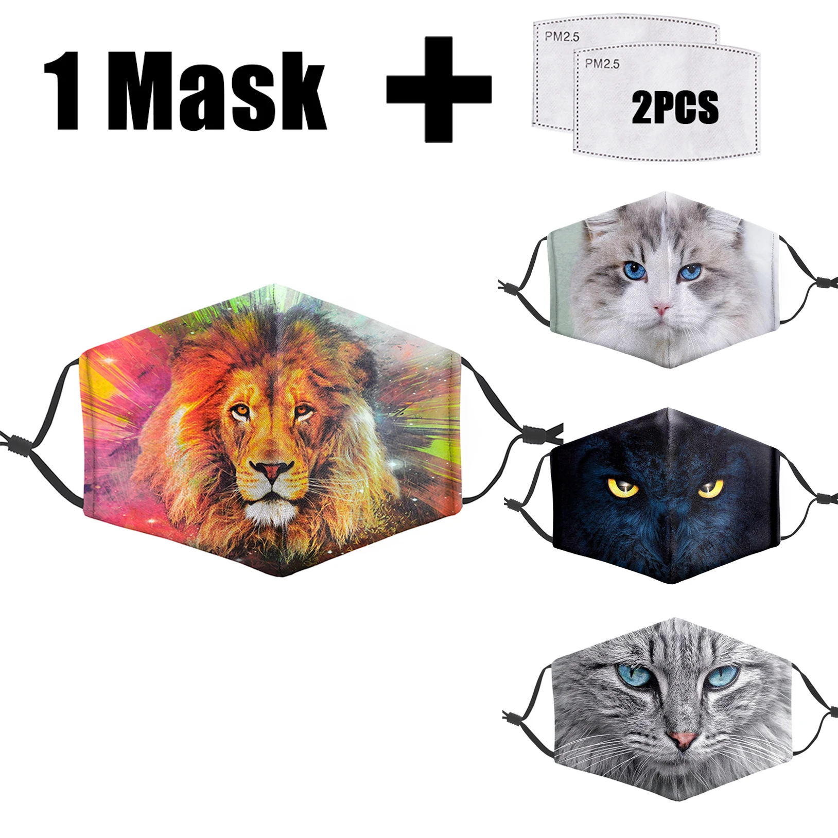 

Маски многоразовые с фильтром PM2.5 и 3D принтом животных, моющаяся маска для лица от пыли и бактерий для взрослых