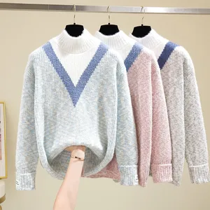 Новинка, женские пуловеры в стиле пэчворк, свитер, зимняя свободная водолазка, трикотажный плотный Модный женский джемпер, свитера, Топ 2020