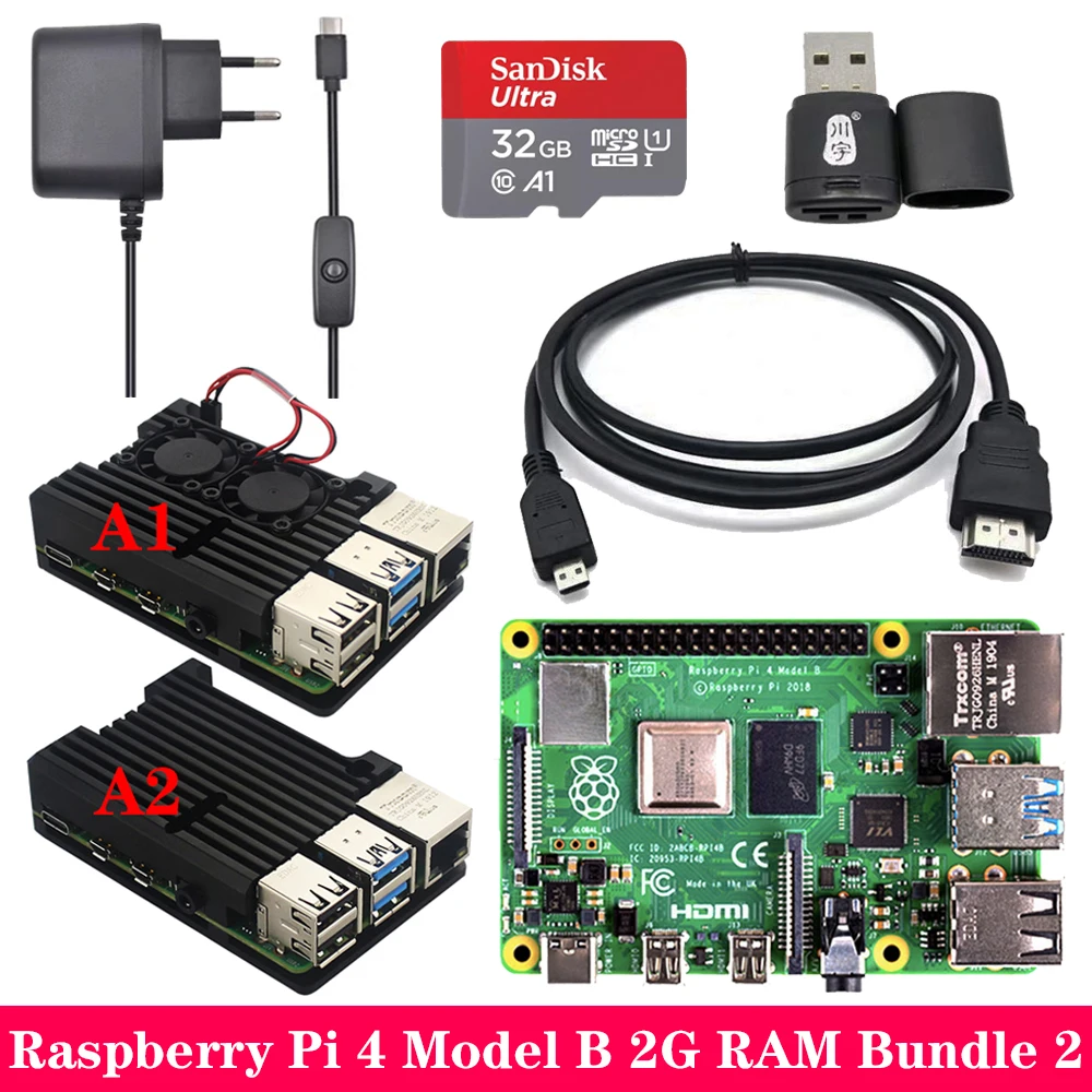 Raspberry Pi 4 2 ГБ 4 ГБ ОЗУ+ алюминиевый корпус 3A адаптер питания Micro HDMI кабель для Raspberry Pi 4 Модель B Pi 4B - Комплект: Комплект 2