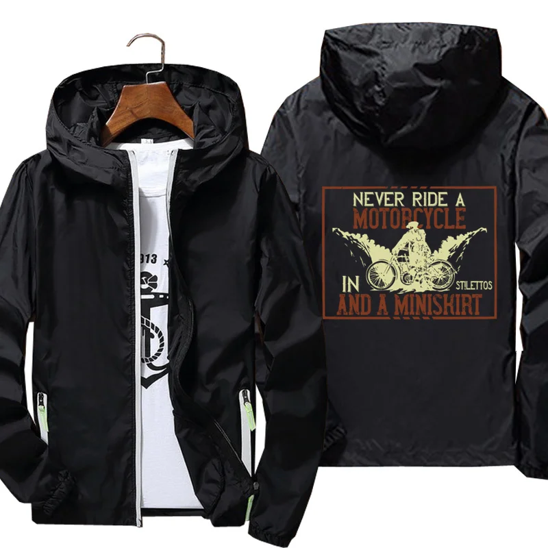 

Men's windbreaker Never ride a motorcycle in stilettos and a miniski printing indbreak jacket Reflective Skin Sun Spring Autumn