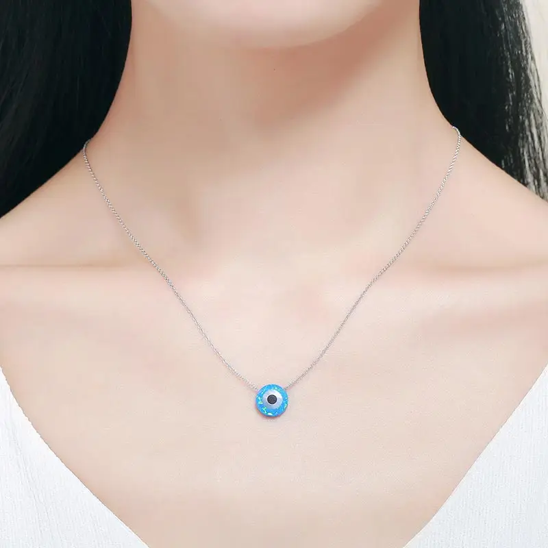Synthetic Opal Hamsa Evil Eye Genuine 925 Sterling Silver Lucky Charm Pendant Necklace