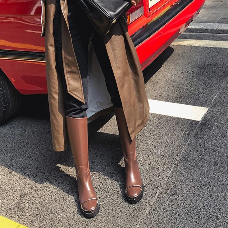 

2020 Autumn Winter Metal Thick-soled Women Long Boots Genuine Leather High Boots Knee-high Heel Straight-leg Boots