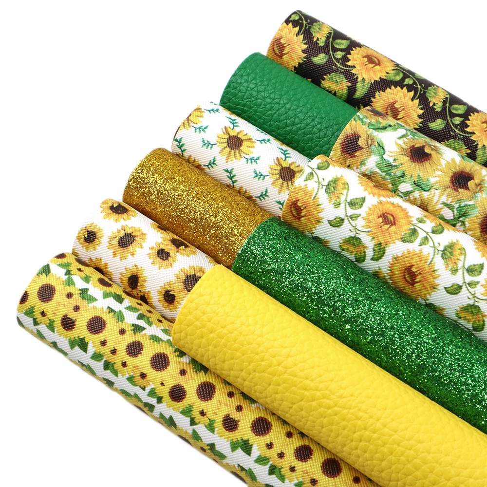 

10Pcs Sunflower Print Assorted Solid Color Glitter Lychee Grain Faux Leather Vinyl Faric Clothing Upholstery,1Yc10005