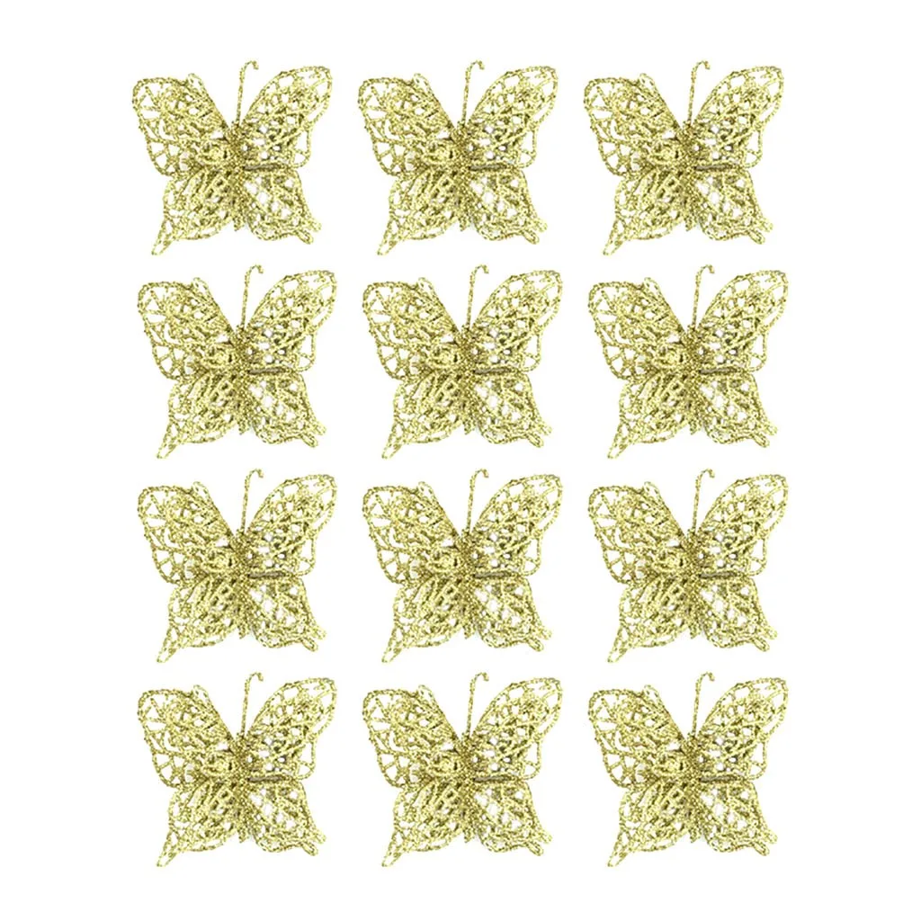 12pcs Christmas Tree Pendants Ornaments Christmas Simulation Butterfly Xmas Ornament Home Decor Gold Red color Navidad Oct