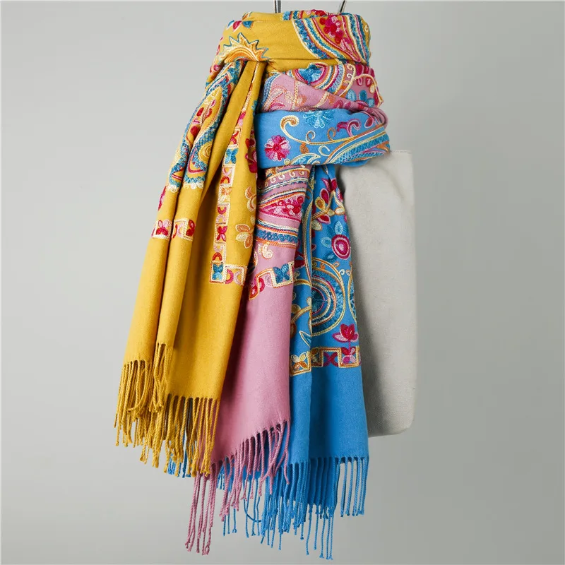 Новый женский кашемировый шарф Пашмина с вышитыми цветами зимний теплый 200*70 см