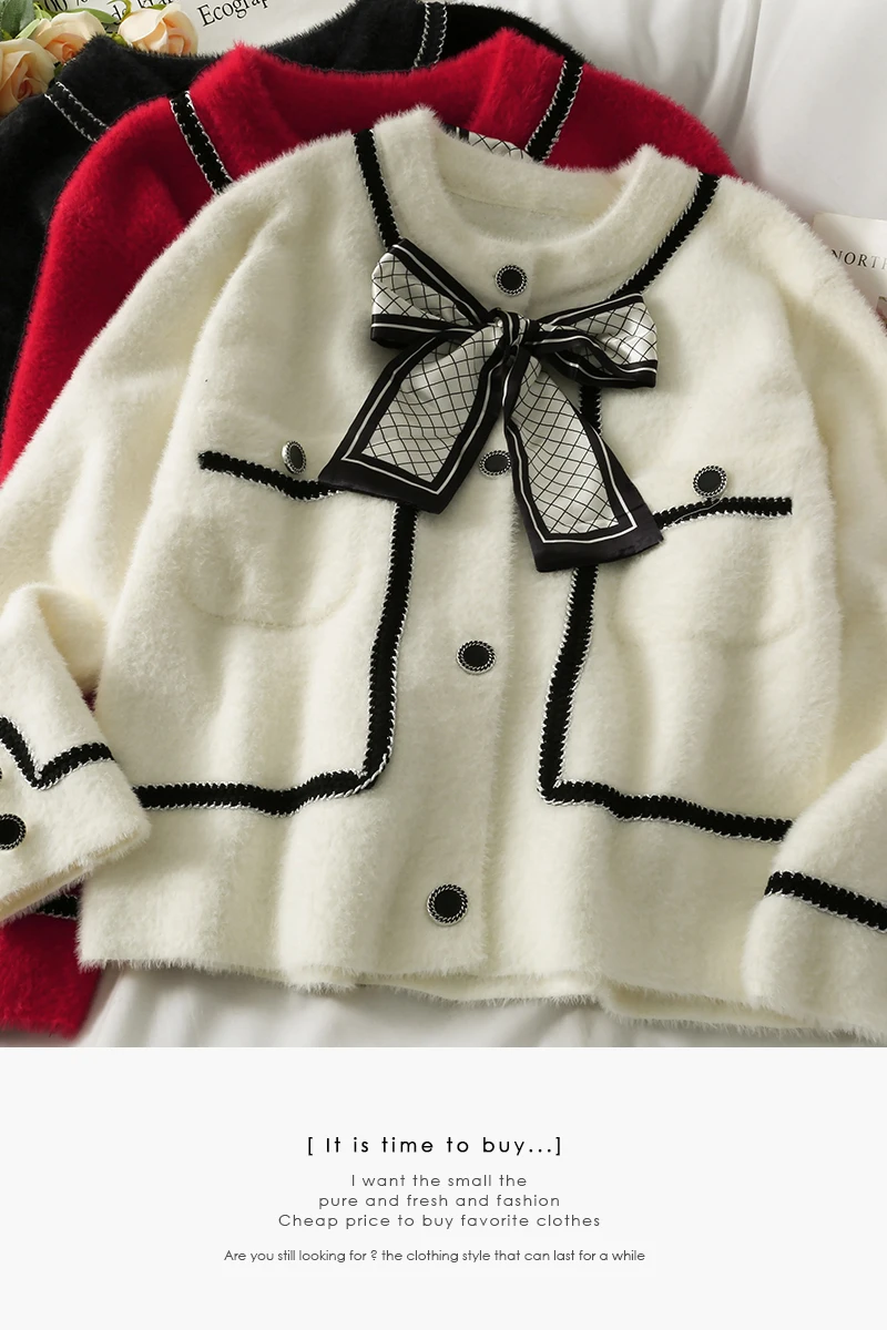 

Bow Single-Breasted Loose Cardigan Sweater Coat Women's Autumn Clothing Mixed Color Stripe Long-Sleeved Sweater