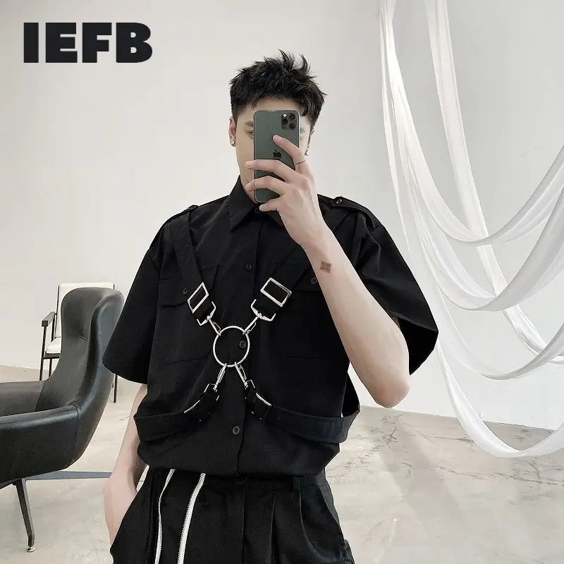 IEFB/мужская одежда нишевая бандажная рубашка с коротким рукавом металлическим